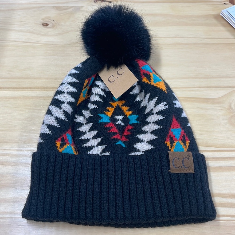 CC Beanie Black Aztec Pom Hat